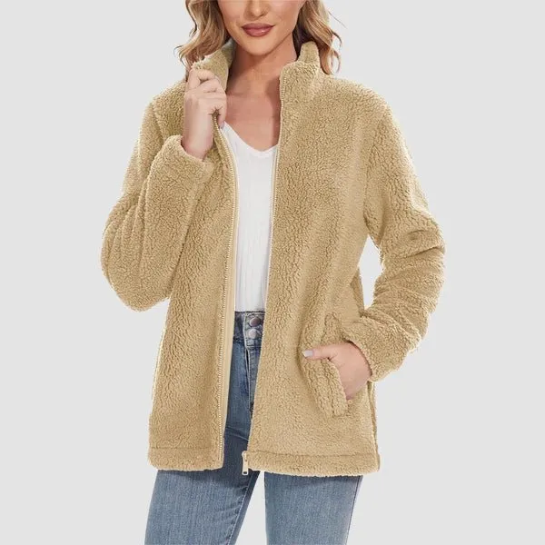 Women's Fuzzy Sherpa Jacket - Full-Zip Warm Fleece Teddy Coat with Zipper Pockets
