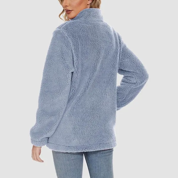 Women's Fuzzy Sherpa Jacket - Full-Zip Warm Fleece Teddy Coat with Zipper Pockets