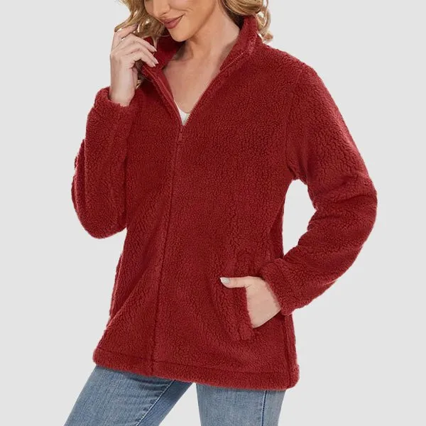 Women's Fuzzy Sherpa Jacket - Full-Zip Warm Fleece Teddy Coat with Zipper Pockets