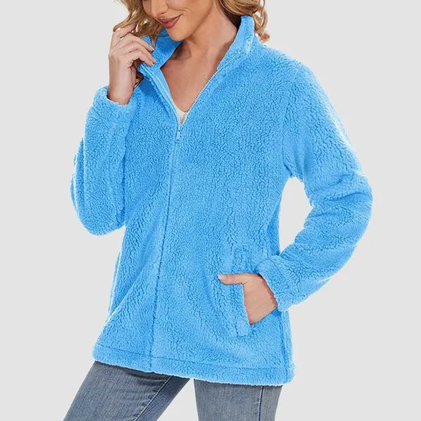 Women's Fuzzy Sherpa Jacket - Full-Zip Warm Fleece Teddy Coat with Zipper Pockets