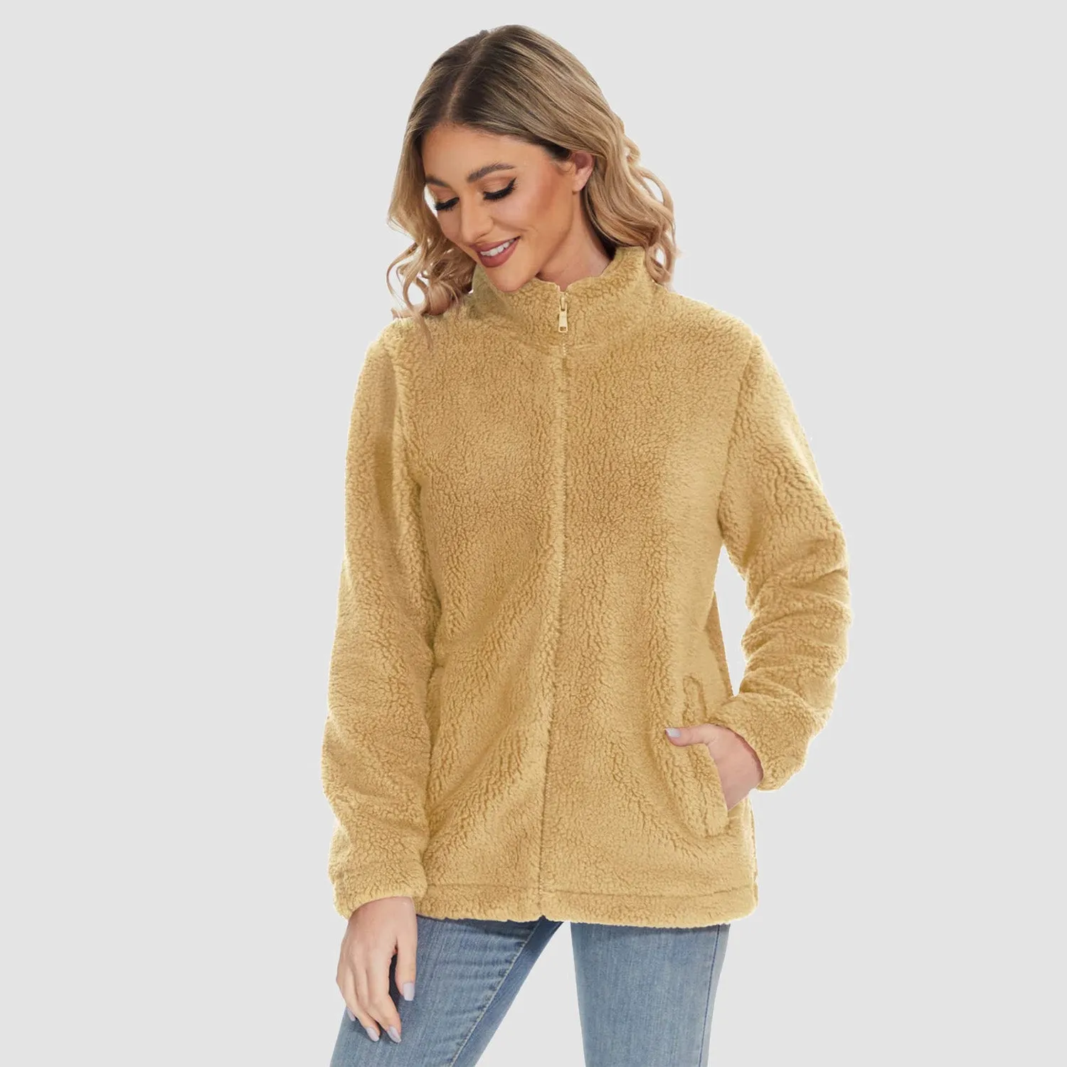 Women's Sherpa Jacket Full-Zip Fuzzy Fleece Teddy Casual Coats Zip Pockets Winter Warm Soft Jackets