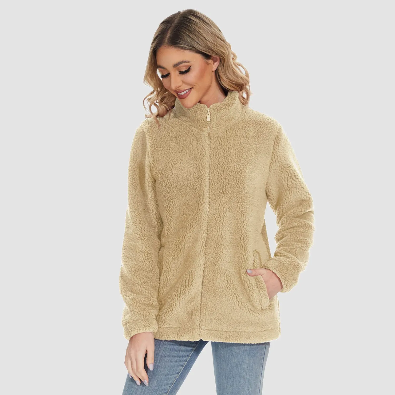 Women's Sherpa Jacket Full-Zip Fuzzy Fleece Teddy Casual Coats Zip Pockets Winter Warm Soft Jackets
