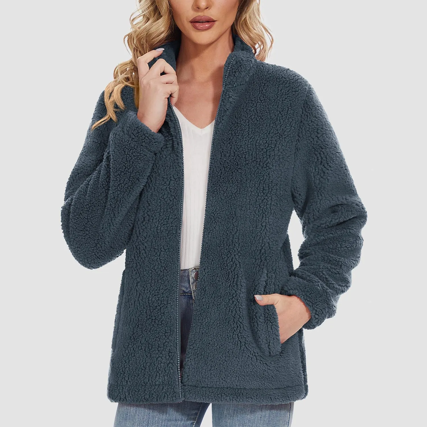 Women's Sherpa Jacket Full-Zip Fuzzy Fleece Teddy Casual Coats Zip Pockets Winter Warm Soft Jackets