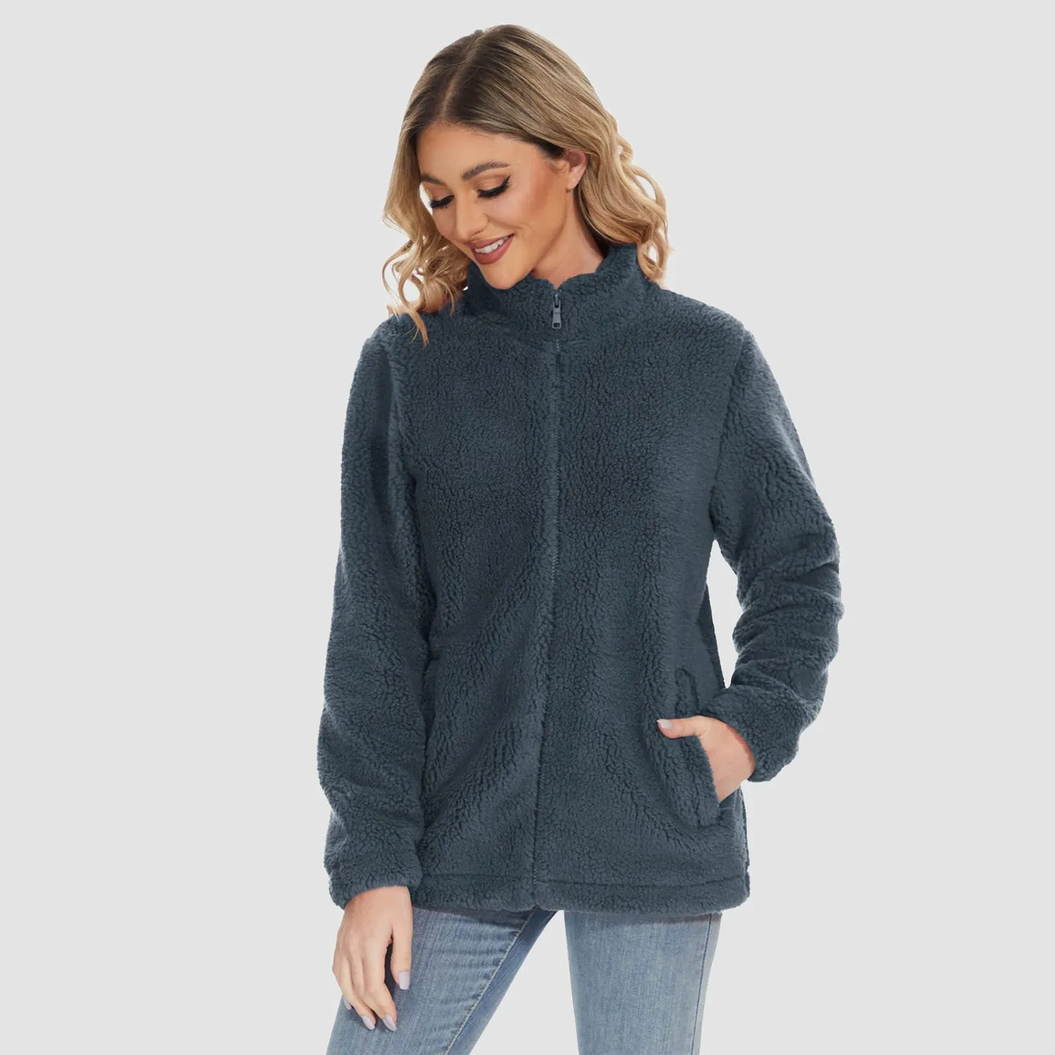Women's Sherpa Jacket Full-Zip Fuzzy Fleece Teddy Casual Coats Zip Pockets Winter Warm Soft Jackets
