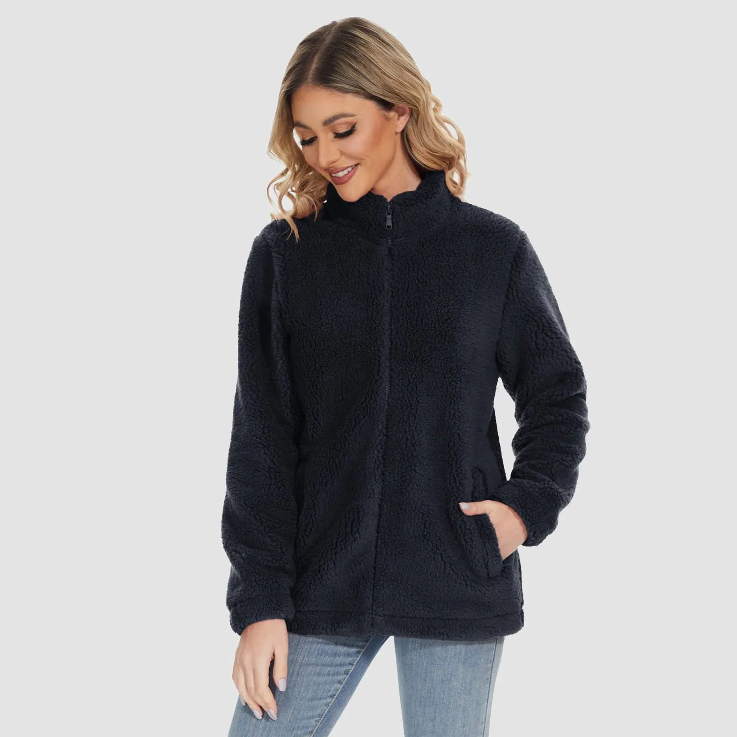 Women's Sherpa Jacket Full-Zip Fuzzy Fleece Teddy Casual Coats Zip Pockets Winter Warm Soft Jackets