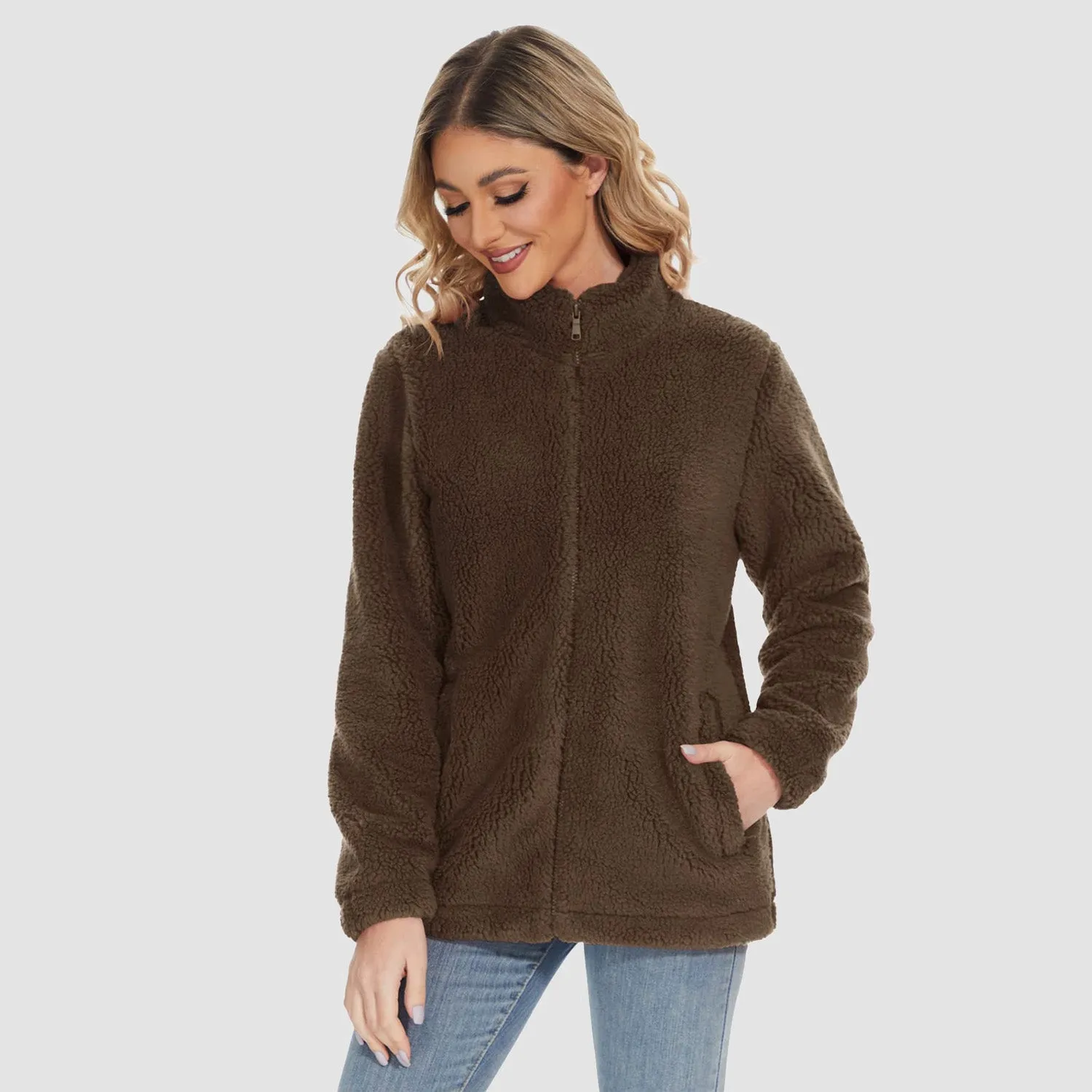 Women's Sherpa Jacket Full-Zip Fuzzy Fleece Teddy Casual Coats Zip Pockets Winter Warm Soft Jackets