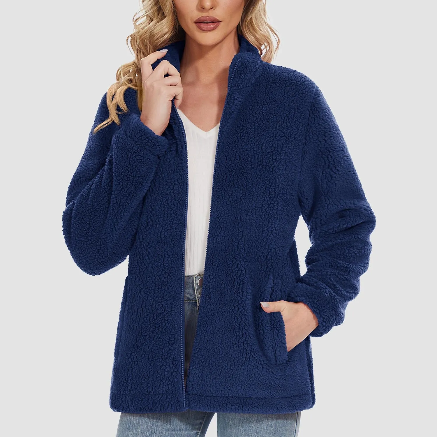 Women's Sherpa Jacket Full-Zip Fuzzy Fleece Teddy Casual Coats Zip Pockets Winter Warm Soft Jackets