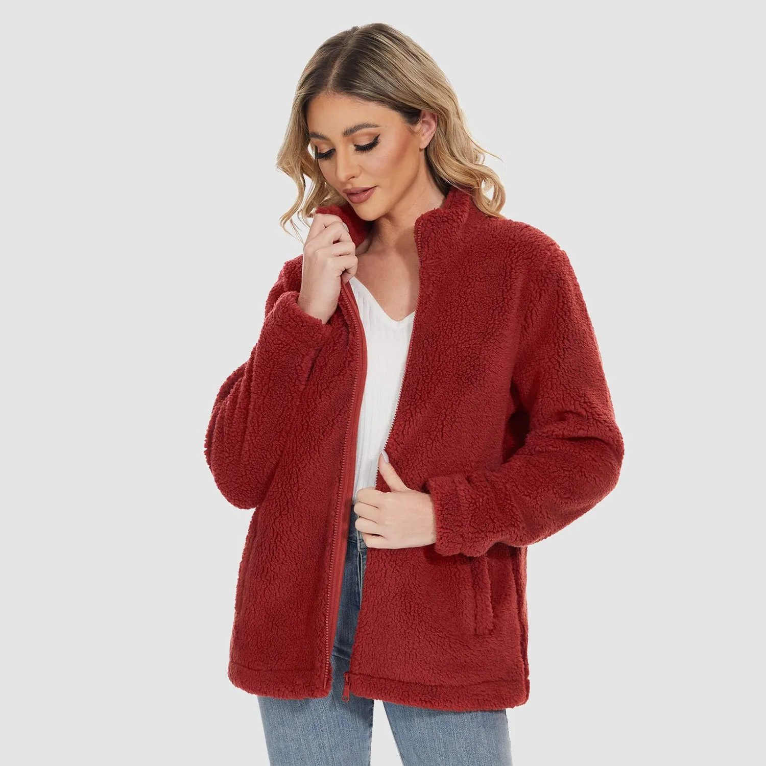 Women's Sherpa Jacket Full-Zip Fuzzy Fleece Teddy Casual Coats Zip Pockets Winter Warm Soft Jackets