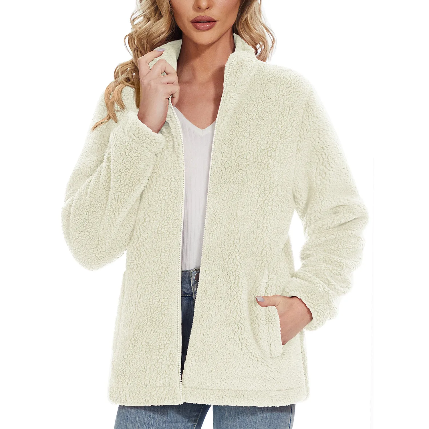 Women's Sherpa Jacket Full-Zip Fuzzy Fleece Teddy Casual Coats Zip Pockets Winter Warm Soft Jackets