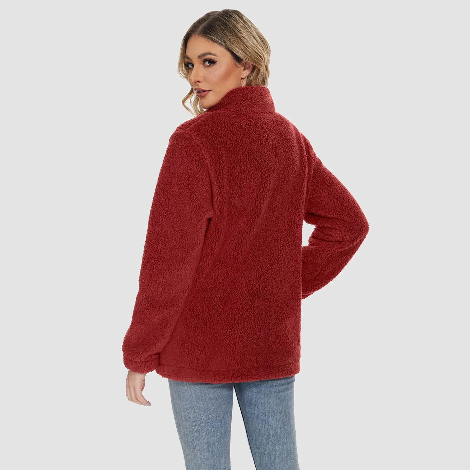 Women's Sherpa Jacket Full-Zip Fuzzy Fleece Teddy Casual Coats Zip Pockets Winter Warm Soft Jackets
