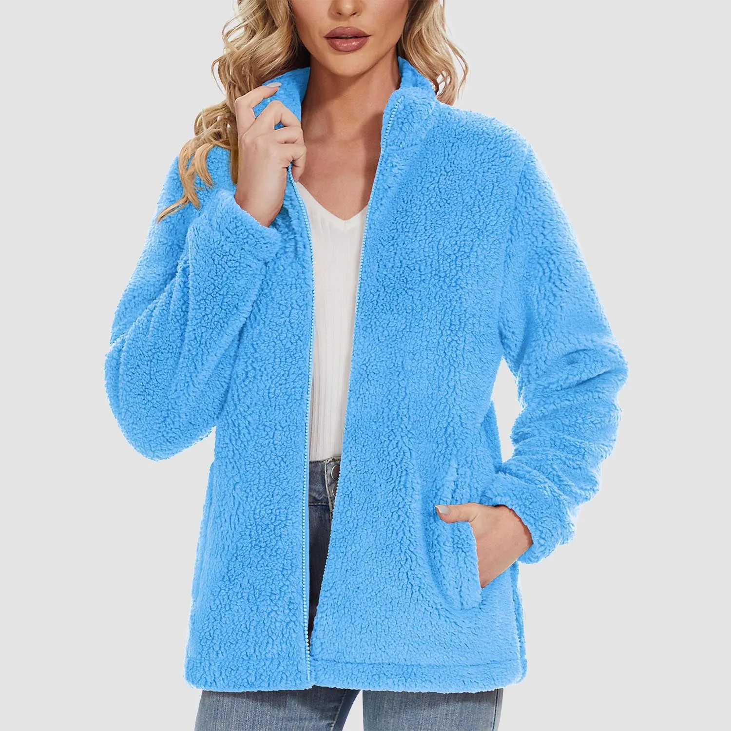 Women's Sherpa Jacket Full-Zip Fuzzy Fleece Teddy Casual Coats Zip Pockets Winter Warm Soft Jackets