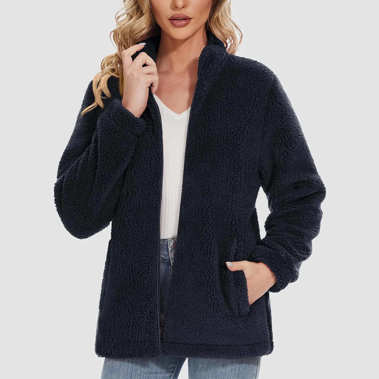 Women's Sherpa Jacket Full-Zip Fuzzy Fleece Teddy Casual Coats Zip Pockets Winter Warm Soft Jackets