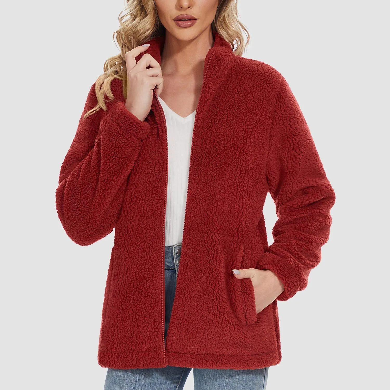 Women's Sherpa Jacket Full-Zip Fuzzy Fleece Teddy Casual Coats Zip Pockets Winter Warm Soft Jackets