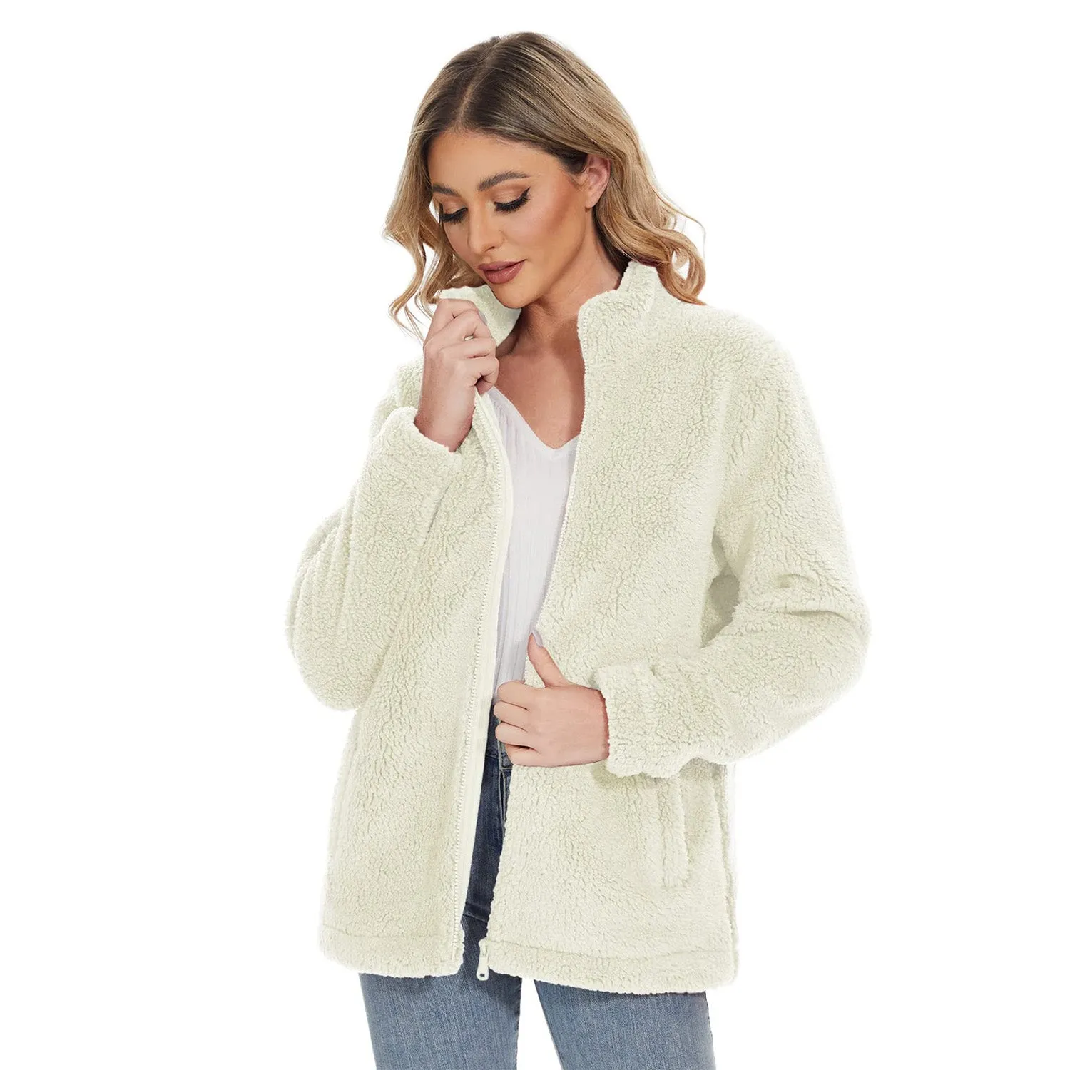 Women's Sherpa Jacket Full-Zip Fuzzy Fleece Teddy Casual Coats Zip Pockets Winter Warm Soft Jackets