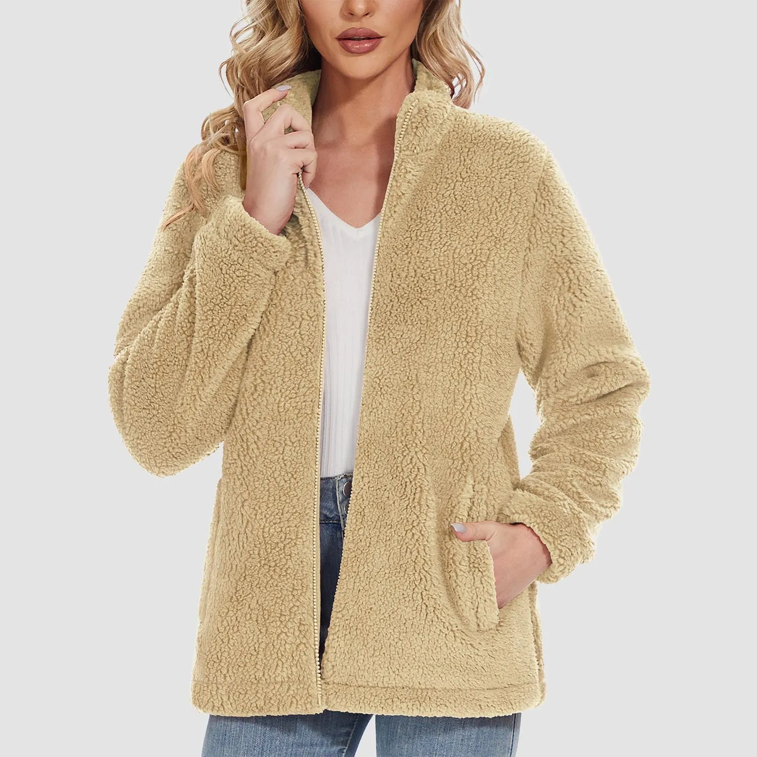 Women's Sherpa Jacket Full-Zip Fuzzy Fleece Teddy Casual Coats Zip Pockets Winter Warm Soft Jackets