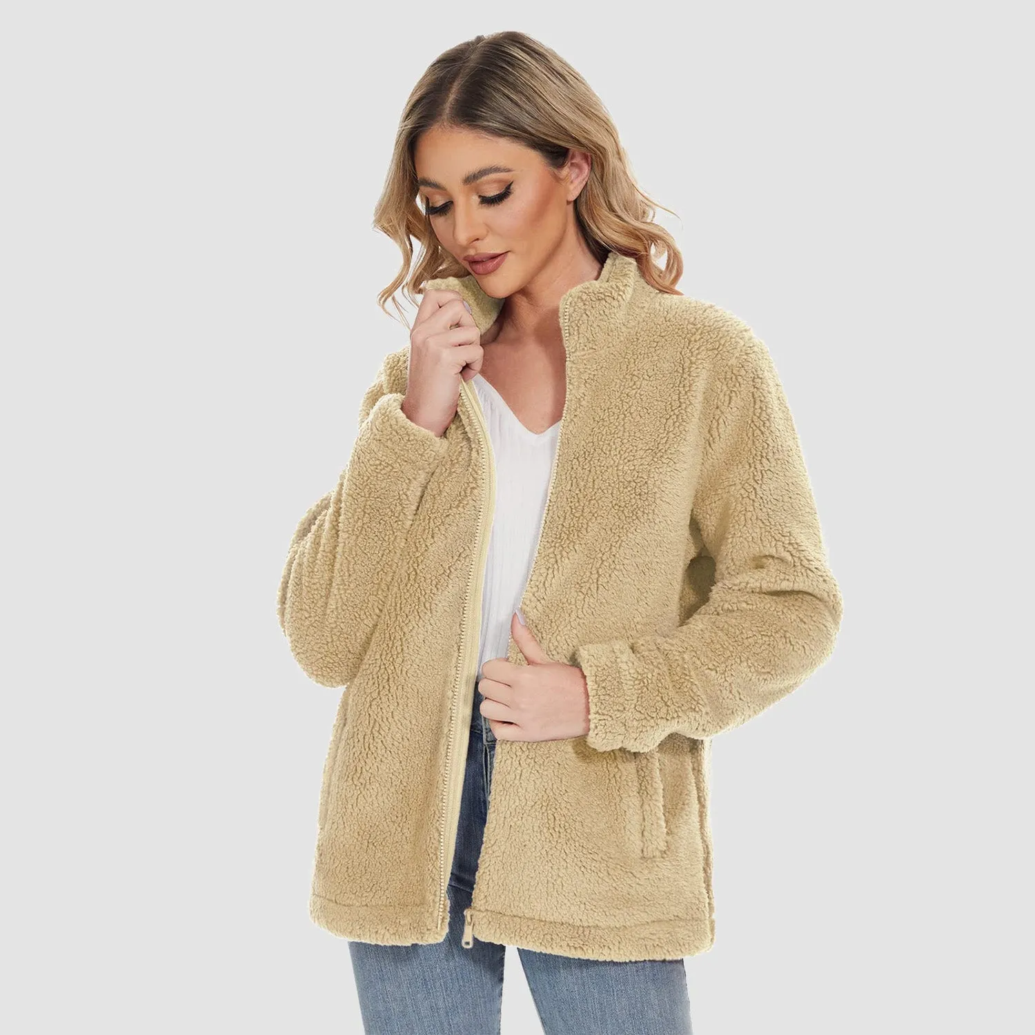 Women's Sherpa Jacket Full-Zip Fuzzy Fleece Teddy Casual Coats Zip Pockets Winter Warm Soft Jackets