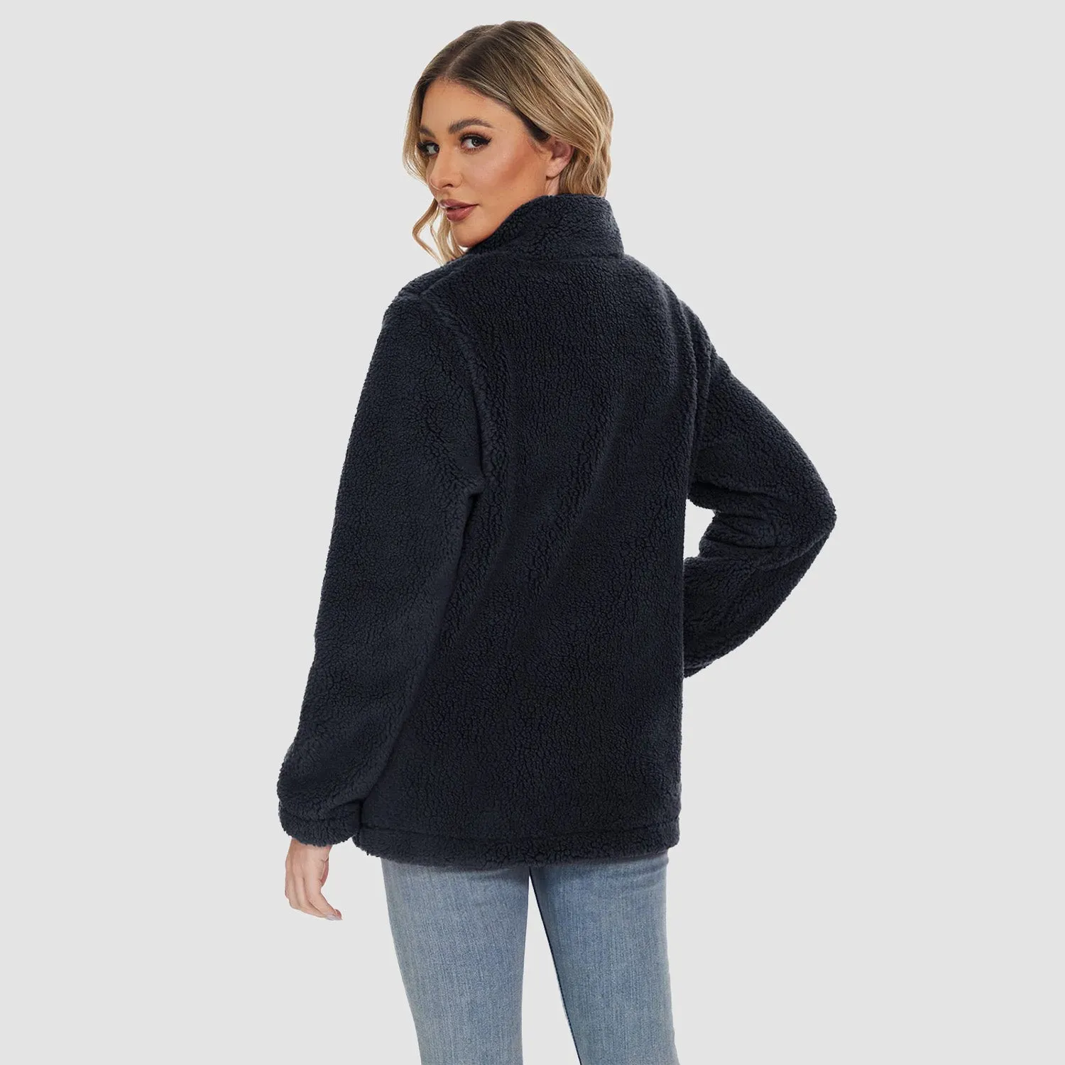Women's Sherpa Jacket Full-Zip Fuzzy Fleece Teddy Casual Coats Zip Pockets Winter Warm Soft Jackets
