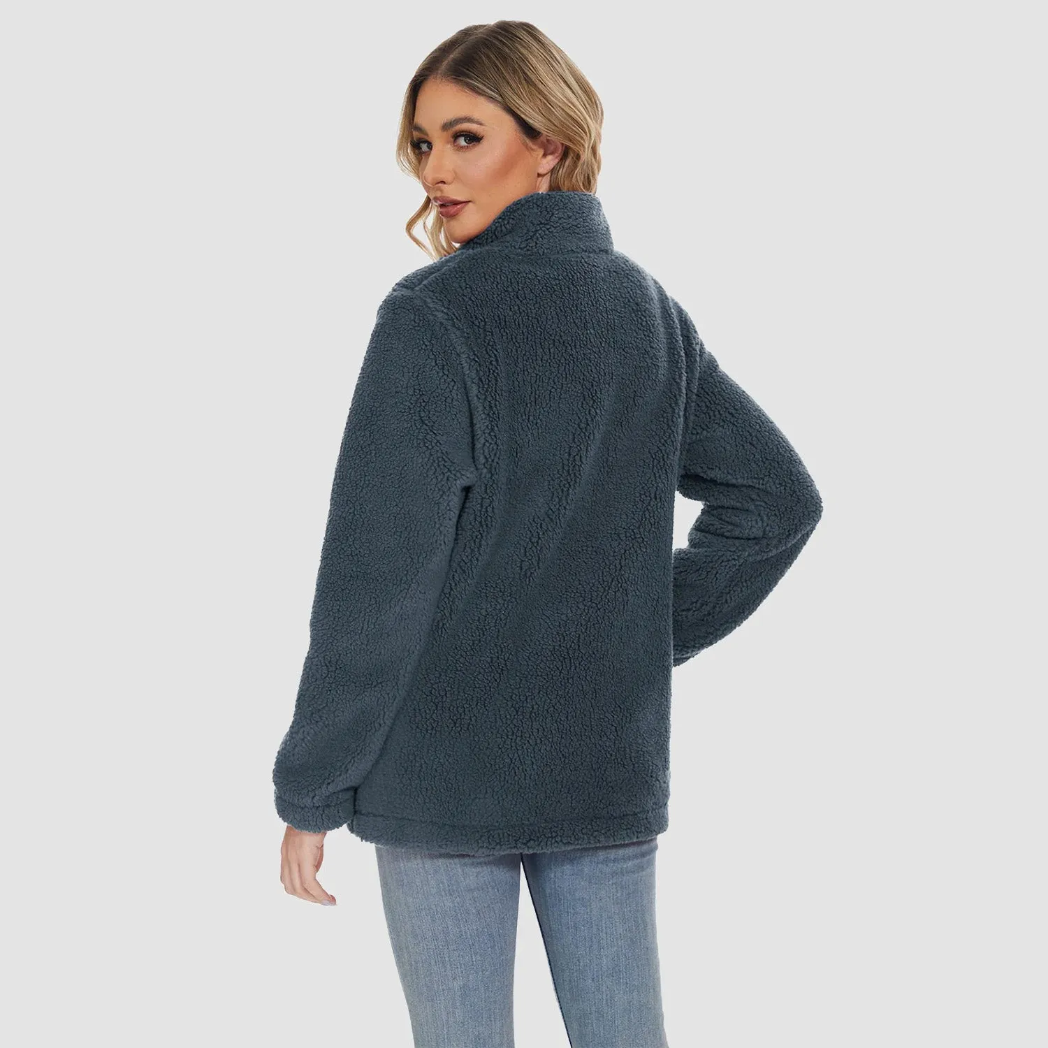 Women's Sherpa Jacket Full-Zip Fuzzy Fleece Teddy Casual Coats Zip Pockets Winter Warm Soft Jackets