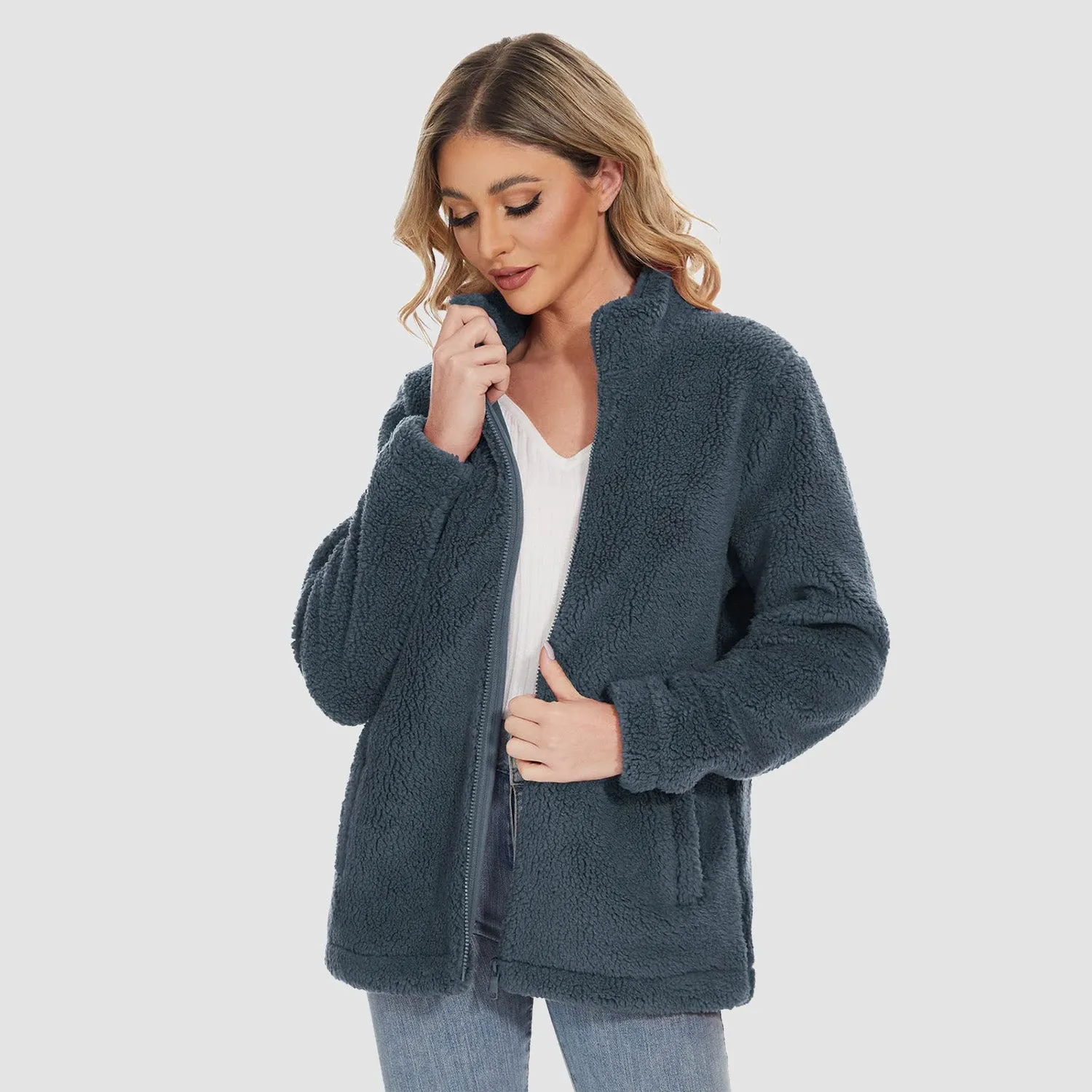 Women's Sherpa Jacket Full-Zip Fuzzy Fleece Teddy Casual Coats Zip Pockets Winter Warm Soft Jackets