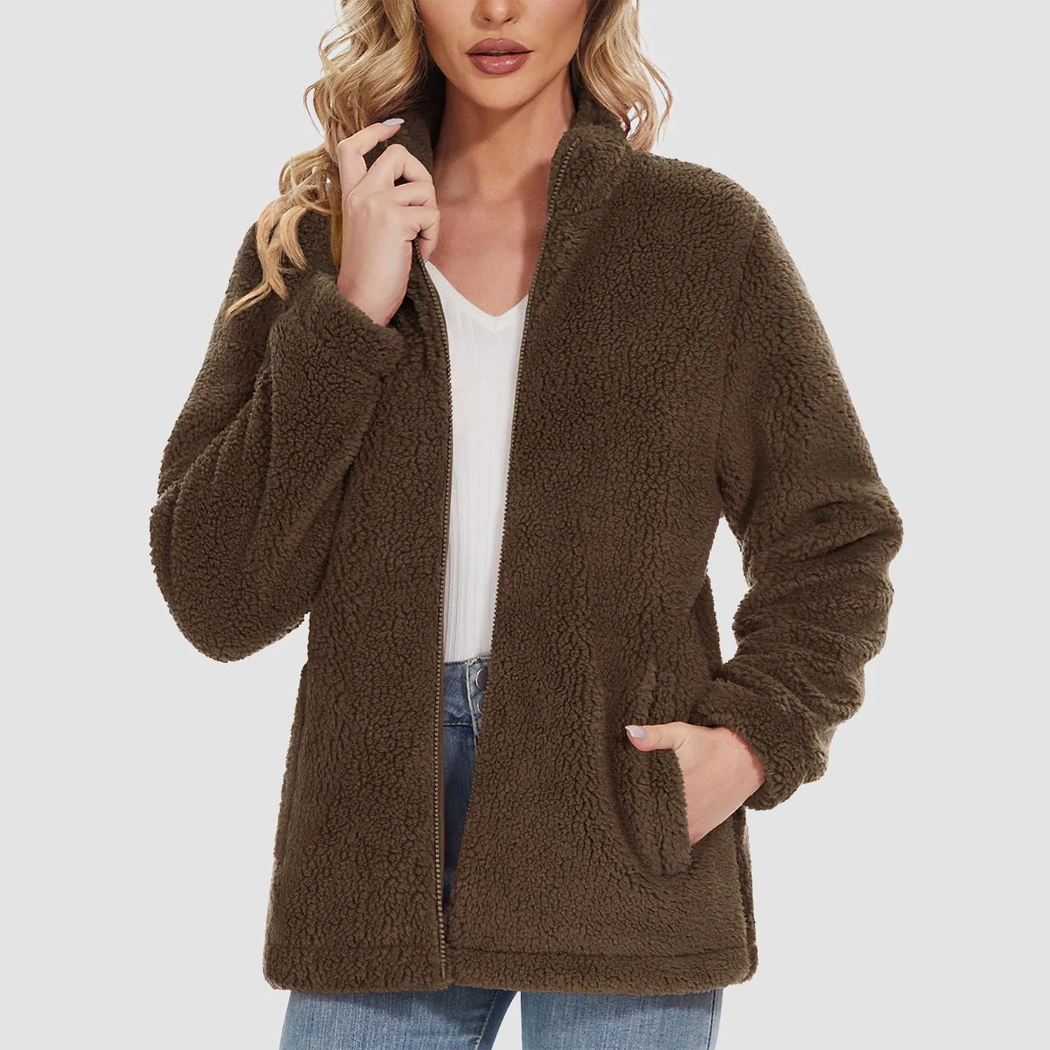 Women's Sherpa Jacket Full-Zip Fuzzy Fleece Teddy Casual Coats Zip Pockets Winter Warm Soft Jackets