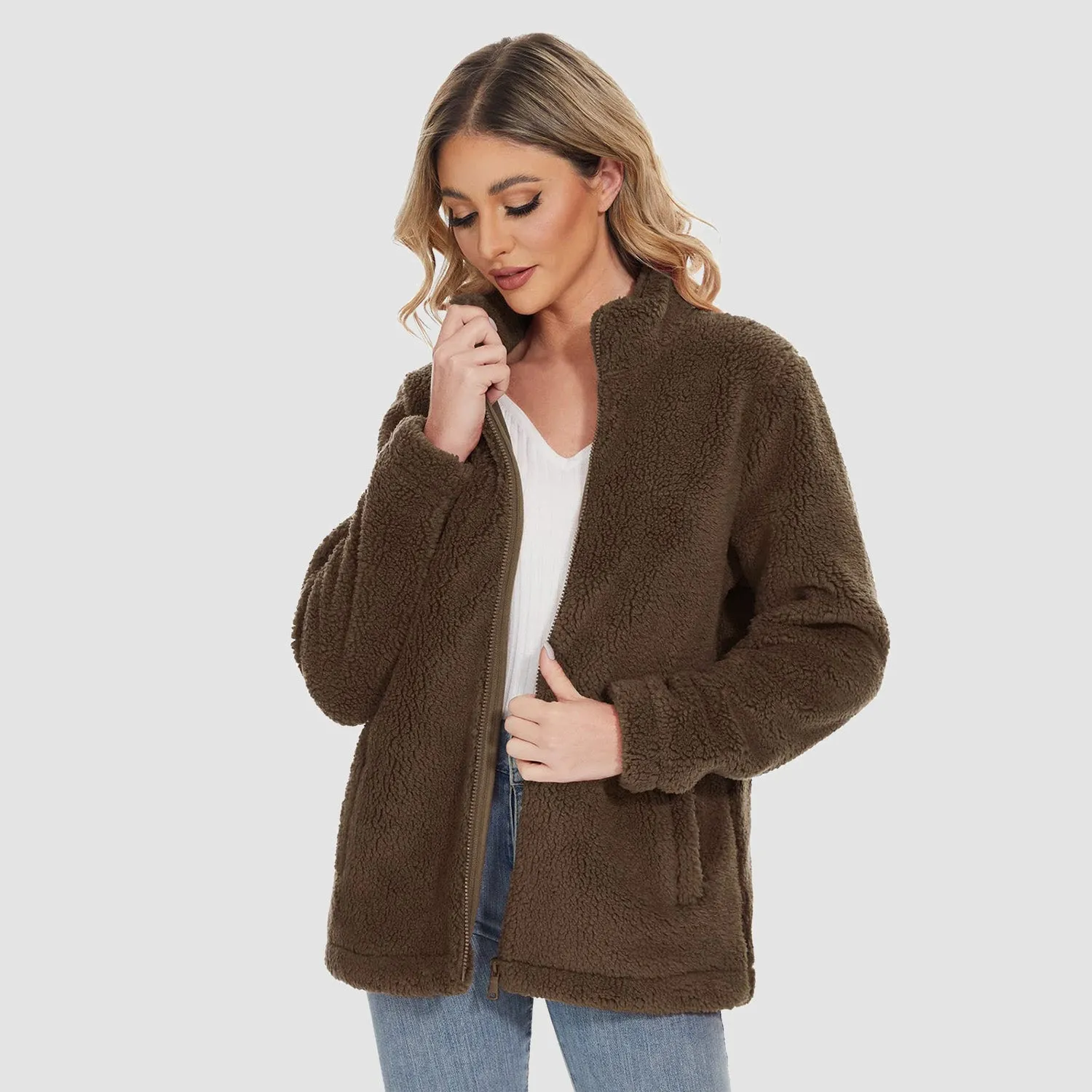 Women's Sherpa Jacket Full-Zip Fuzzy Fleece Teddy Casual Coats Zip Pockets Winter Warm Soft Jackets
