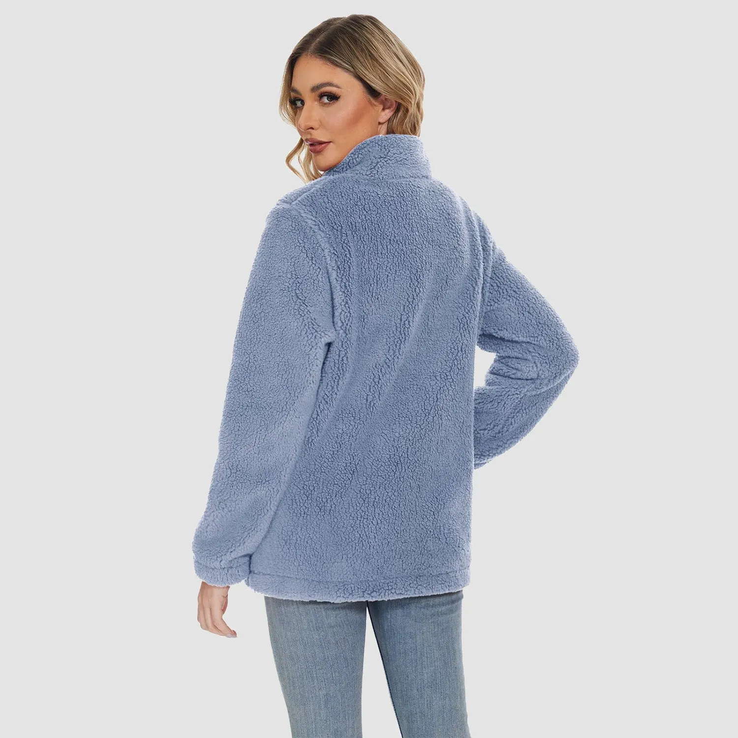 Women's Sherpa Jacket Full-Zip Fuzzy Fleece Teddy Casual Coats Zip Pockets Winter Warm Soft Jackets