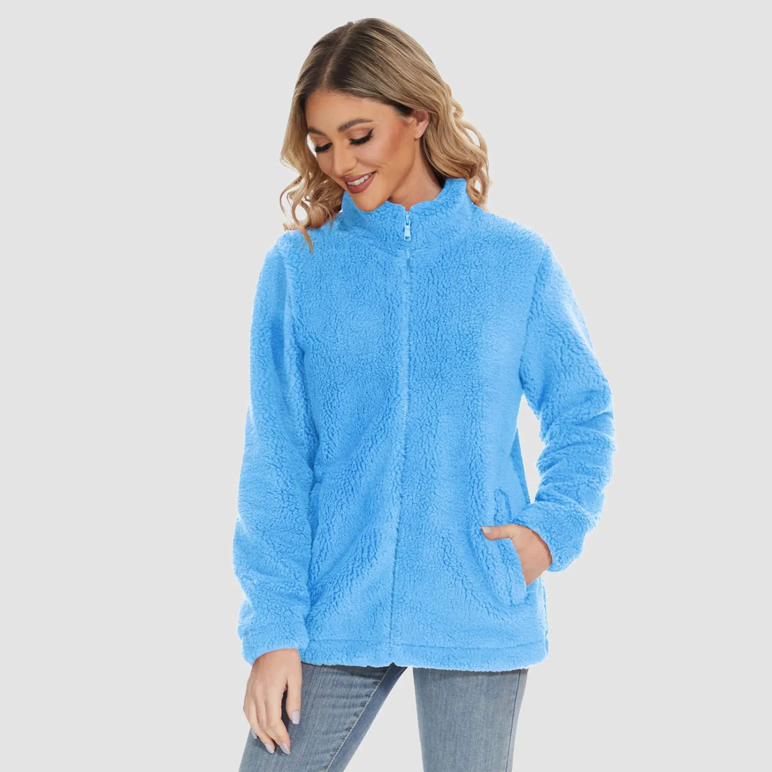 Women's Sherpa Jacket Full-Zip Fuzzy Fleece Teddy Casual Coats Zip Pockets Winter Warm Soft Jackets