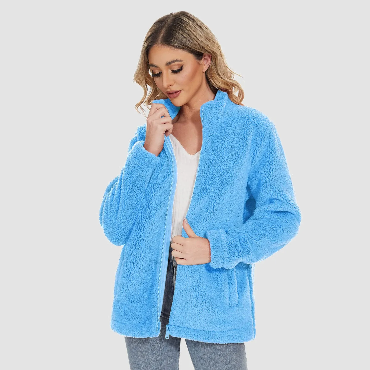 Women's Sherpa Jacket Full-Zip Fuzzy Fleece Teddy Casual Coats Zip Pockets Winter Warm Soft Jackets