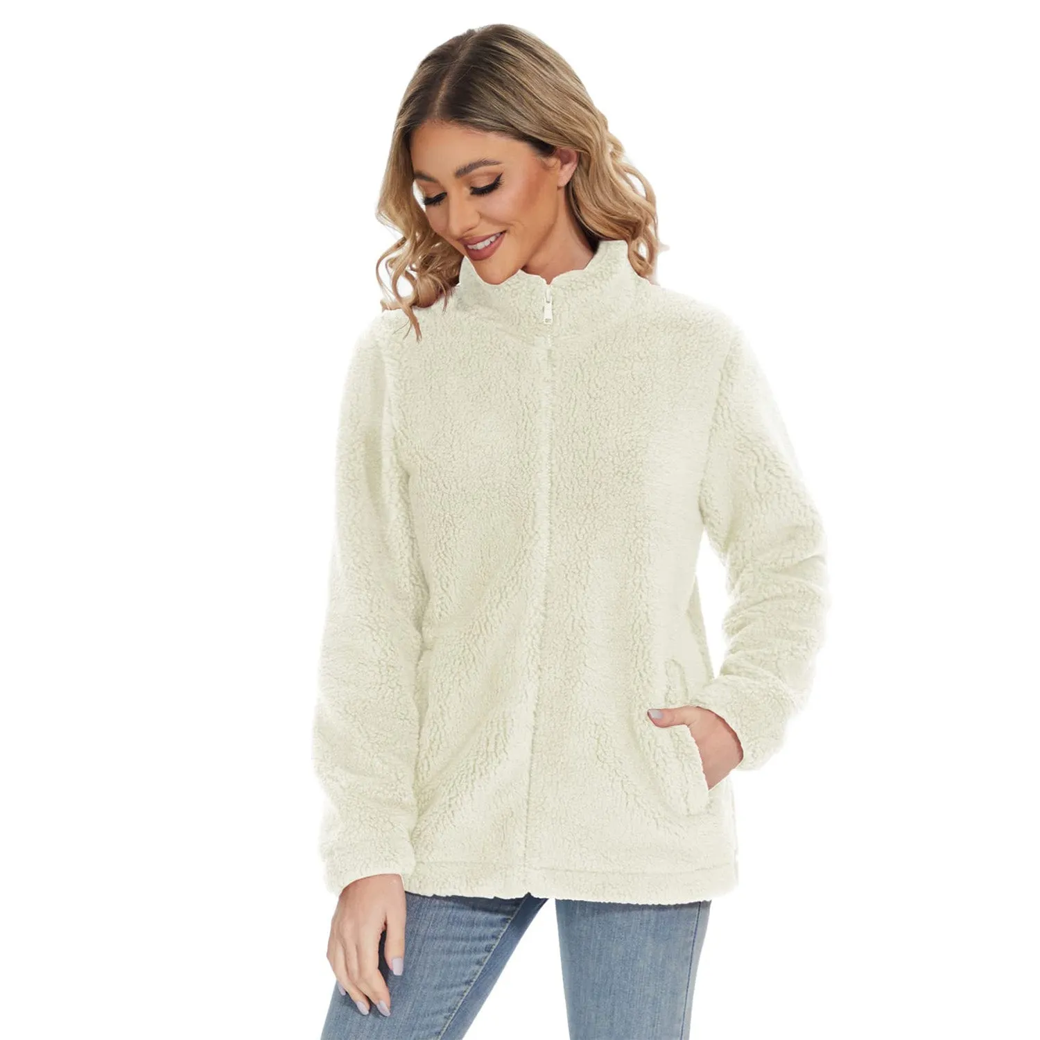 Women's Sherpa Jacket Full-Zip Fuzzy Fleece Teddy Casual Coats Zip Pockets Winter Warm Soft Jackets