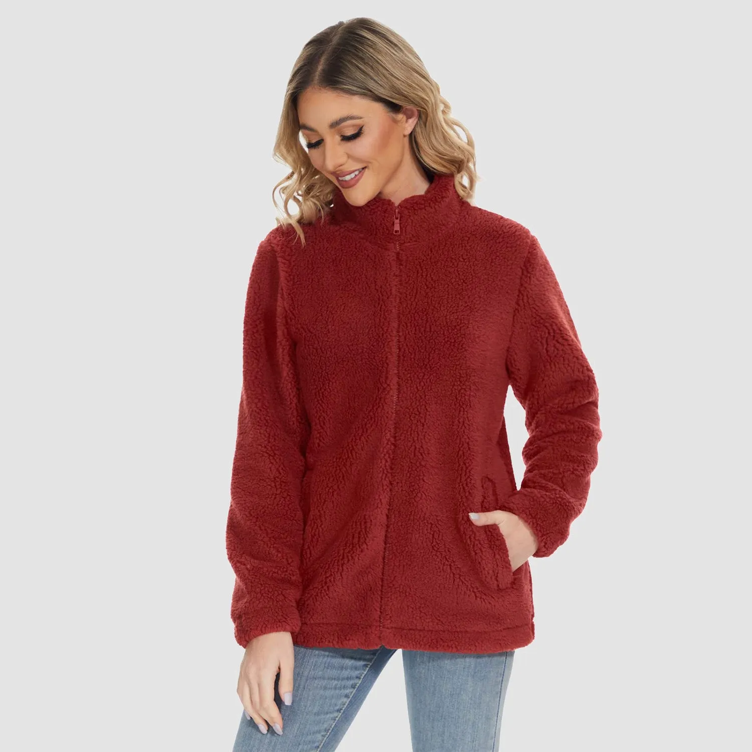 Women's Sherpa Jacket Full-Zip Fuzzy Fleece Teddy Casual Coats Zip Pockets Winter Warm Soft Jackets