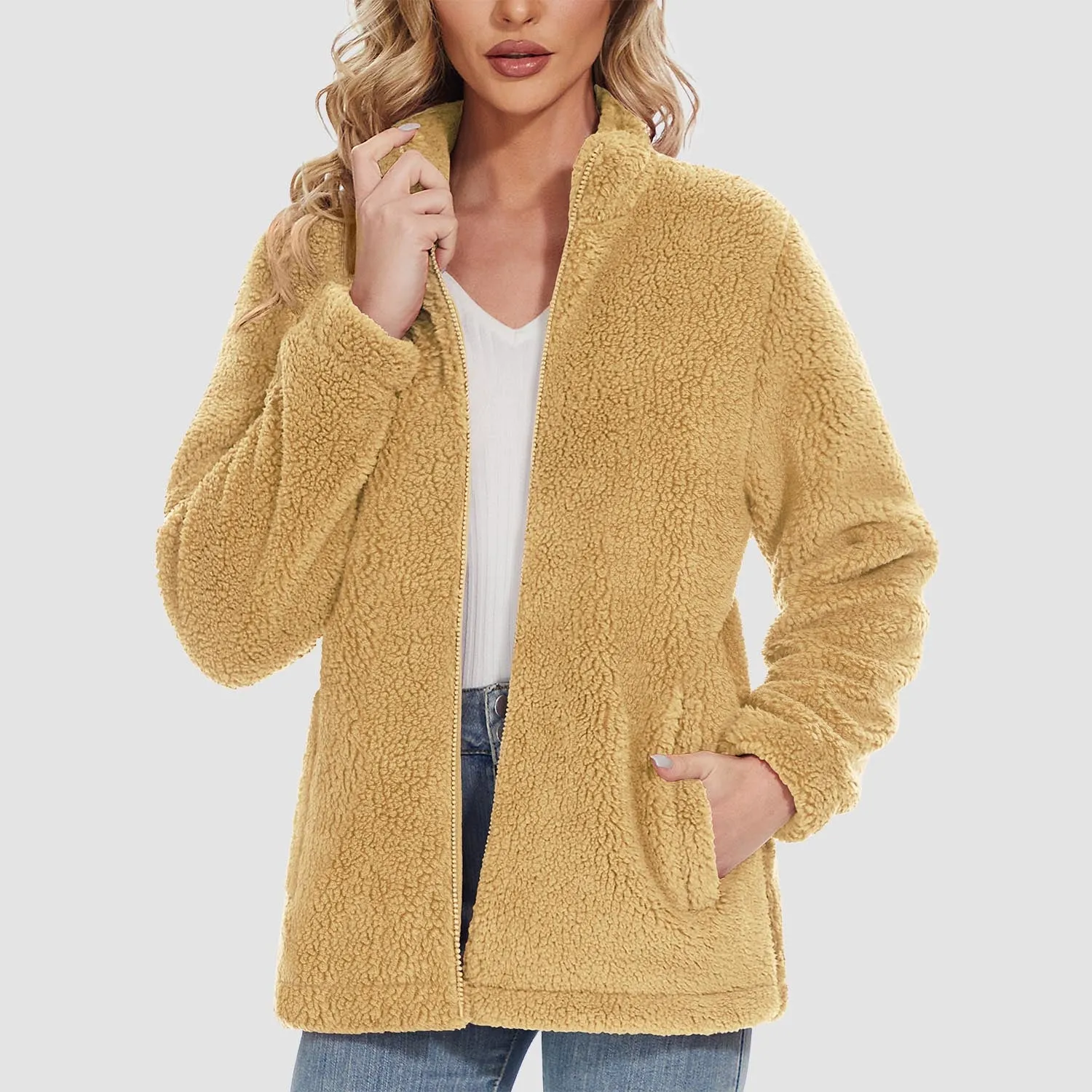 Women's Sherpa Jacket Full-Zip Fuzzy Fleece Teddy Casual Coats Zip Pockets Winter Warm Soft Jackets