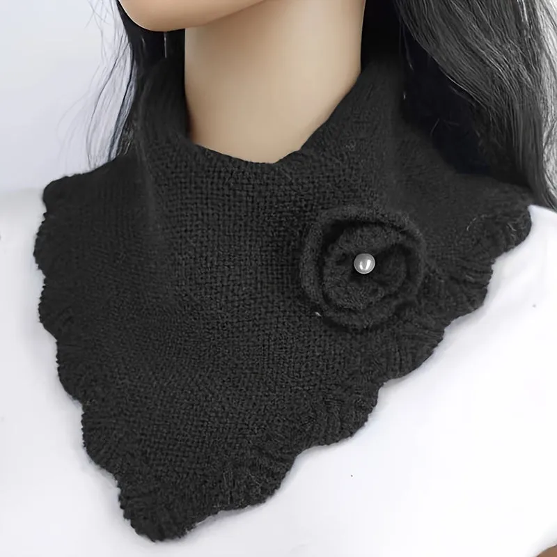 Womens Winter Solid Color Knit Scarf - Soft Wave Edge Neck Gaiter with Pullover Hook Flower Accent - Stylish Triangle Shawl for Autumn and Winter