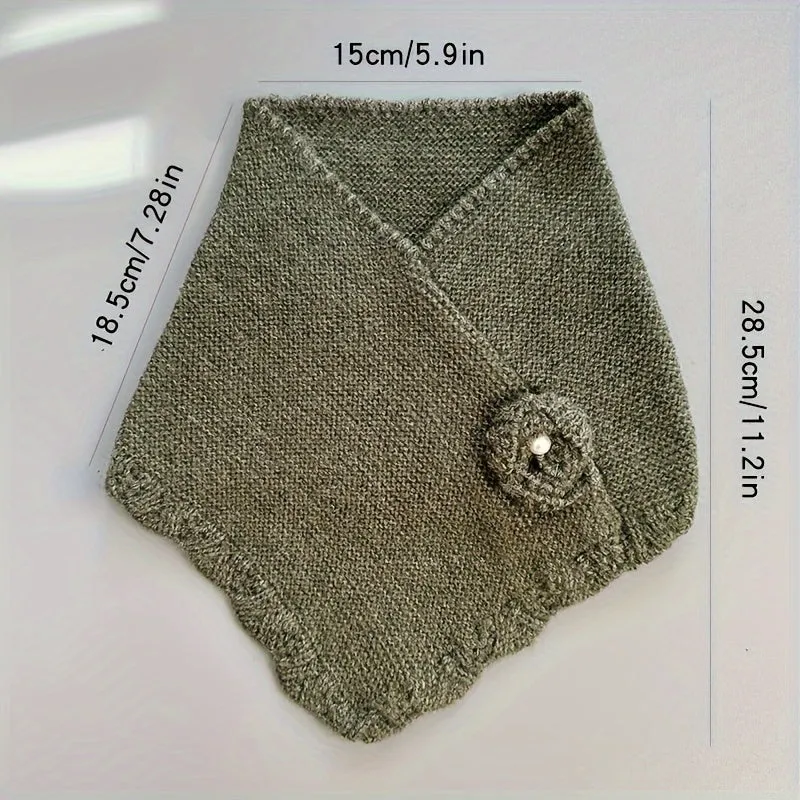 Womens Winter Solid Color Knit Scarf - Soft Wave Edge Neck Gaiter with Pullover Hook Flower Accent - Stylish Triangle Shawl for Autumn and Winter