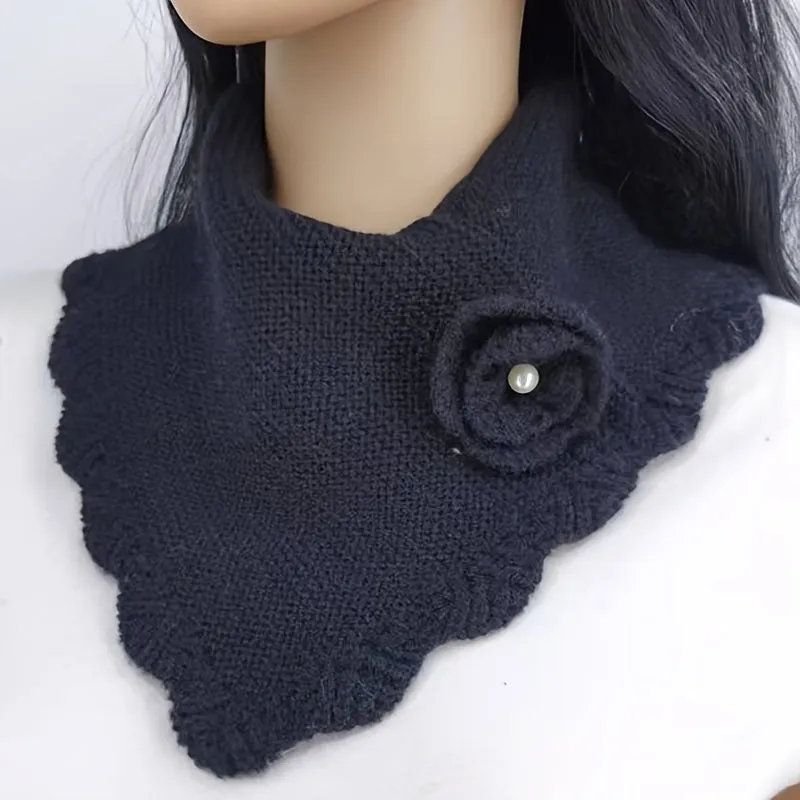 Womens Winter Solid Color Knit Scarf - Soft Wave Edge Neck Gaiter with Pullover Hook Flower Accent - Stylish Triangle Shawl for Autumn and Winter