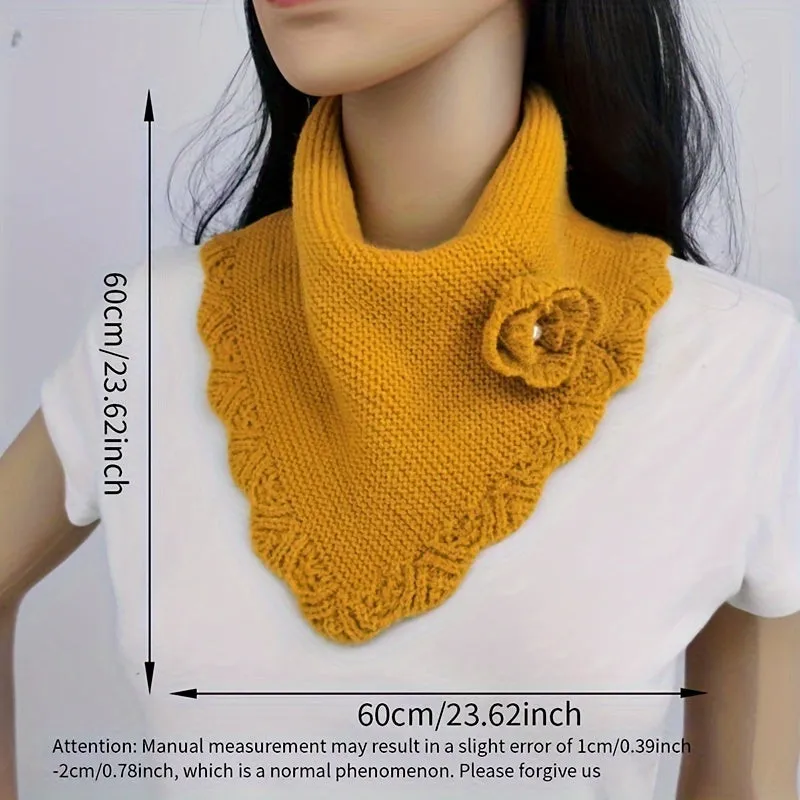 Womens Winter Solid Color Knit Scarf - Soft Wave Edge Neck Gaiter with Pullover Hook Flower Accent - Stylish Triangle Shawl for Autumn and Winter