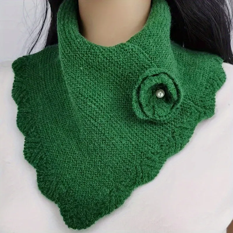 Womens Winter Solid Color Knit Scarf - Soft Wave Edge Neck Gaiter with Pullover Hook Flower Accent - Stylish Triangle Shawl for Autumn and Winter