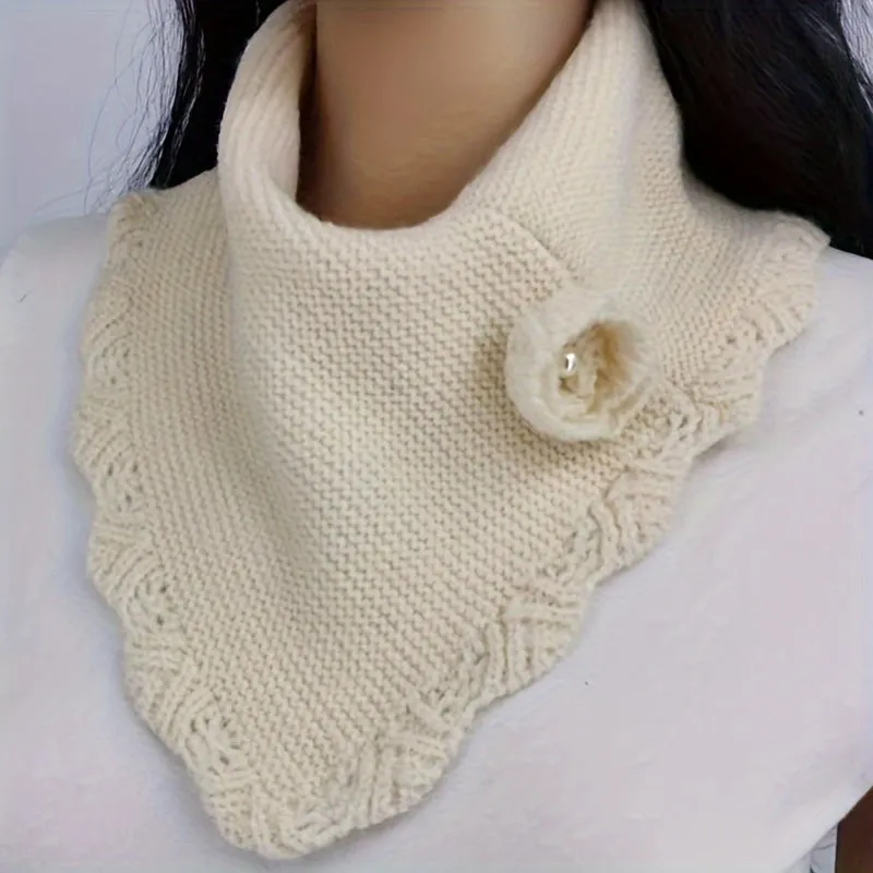 Womens Winter Solid Color Knit Scarf - Soft Wave Edge Neck Gaiter with Pullover Hook Flower Accent - Stylish Triangle Shawl for Autumn and Winter