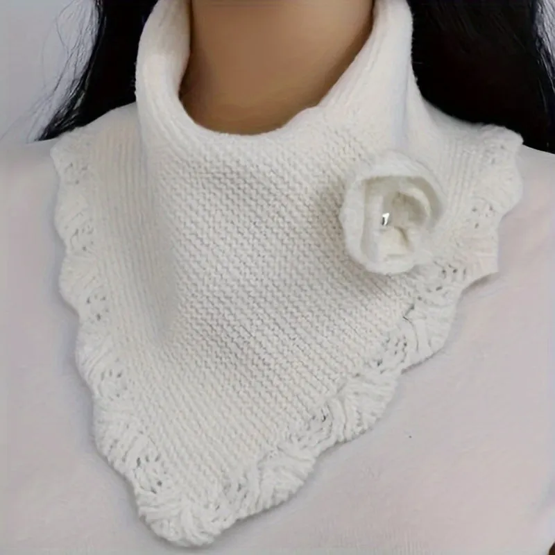 Womens Winter Solid Color Knit Scarf - Soft Wave Edge Neck Gaiter with Pullover Hook Flower Accent - Stylish Triangle Shawl for Autumn and Winter